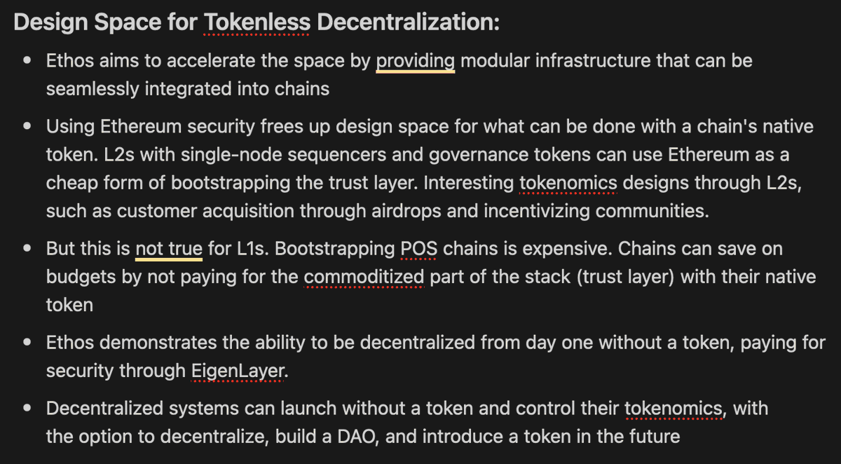 Summary of @zmanian's conversation with @EthosStake • Innovation & Impact of @sommfinance • Ethereum & Cosmos convergence • Cosmos's challenges • Ethos for L1s & L2s! • Sommelier x Ethos • Design space for Tokenless Decentralization