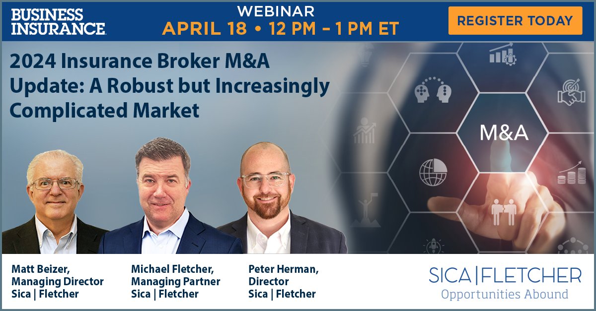 Don't miss out on your final opportunity to join us for a can't-miss webinar!

#SicaFletcher uncovers the latest in #insurancebrokers' #mergers and #acquisitions. Join our FREE webinar on April 18 at 12 p.m. EST. 

Sign up now! bit.ly/3PsAfrP