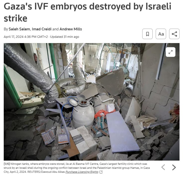 في ضربة واحدة، استهدفت مركز البسمة الطبي للخصوبة في #غزة شهر ديسمبر الماضي، أهلكت حرب الإبادة في القطاع أكثر من 4.000 جنينا من أطفال الأنابيب، حسب ما نقلته وكالة <a href="/Reuters/">Reuters</a> اليوم.