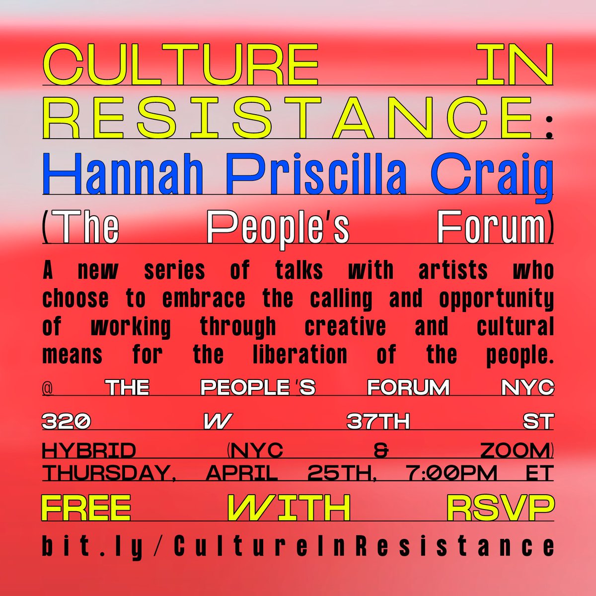 Culture In Resistance is a new series of talks with artists who choose to embrace the calling and opportunity of working through creative and cultural means for the liberation of the people. 

Free hybrid event (NYC + Zoom): bit.ly/CultureInResis…

#A4A #CultureInResistance