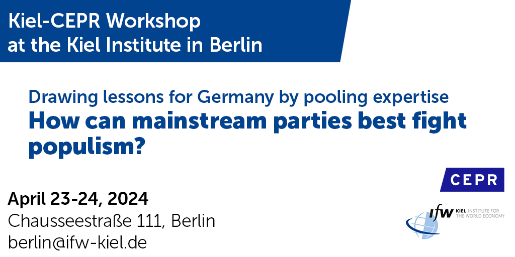 Kiel Institute (IfW Kiel) (@kielinstitute) on Twitter photo 📢Next week in Berlin: What are the best research-based strategies to counter the rise of populism? Our Kiel-CEPR <a href="/cepr_org/">CEPR</a> workshop will draw lessons for German policymakers by pooling research expertise. 23rd - 24th April at our Berlin office, hosted by Thiemo Fetzer <a href="/fetzert/">Thiemo Fetzer 🇪🇺🇺🇦 - same handle elsewhere</a> 📢Next week in Berlin: What are the best research-based strategies to counter the rise of populism? Our Kiel-CEPR <a href="/cepr_org/">CEPR</a> workshop will draw lessons for German policymakers by pooling research expertise. 23rd - 24th April at our Berlin office, hosted by Thiemo Fetzer <a href="/fetzert/">Thiemo Fetzer 🇪🇺🇺🇦 - same handle elsewhere</a>