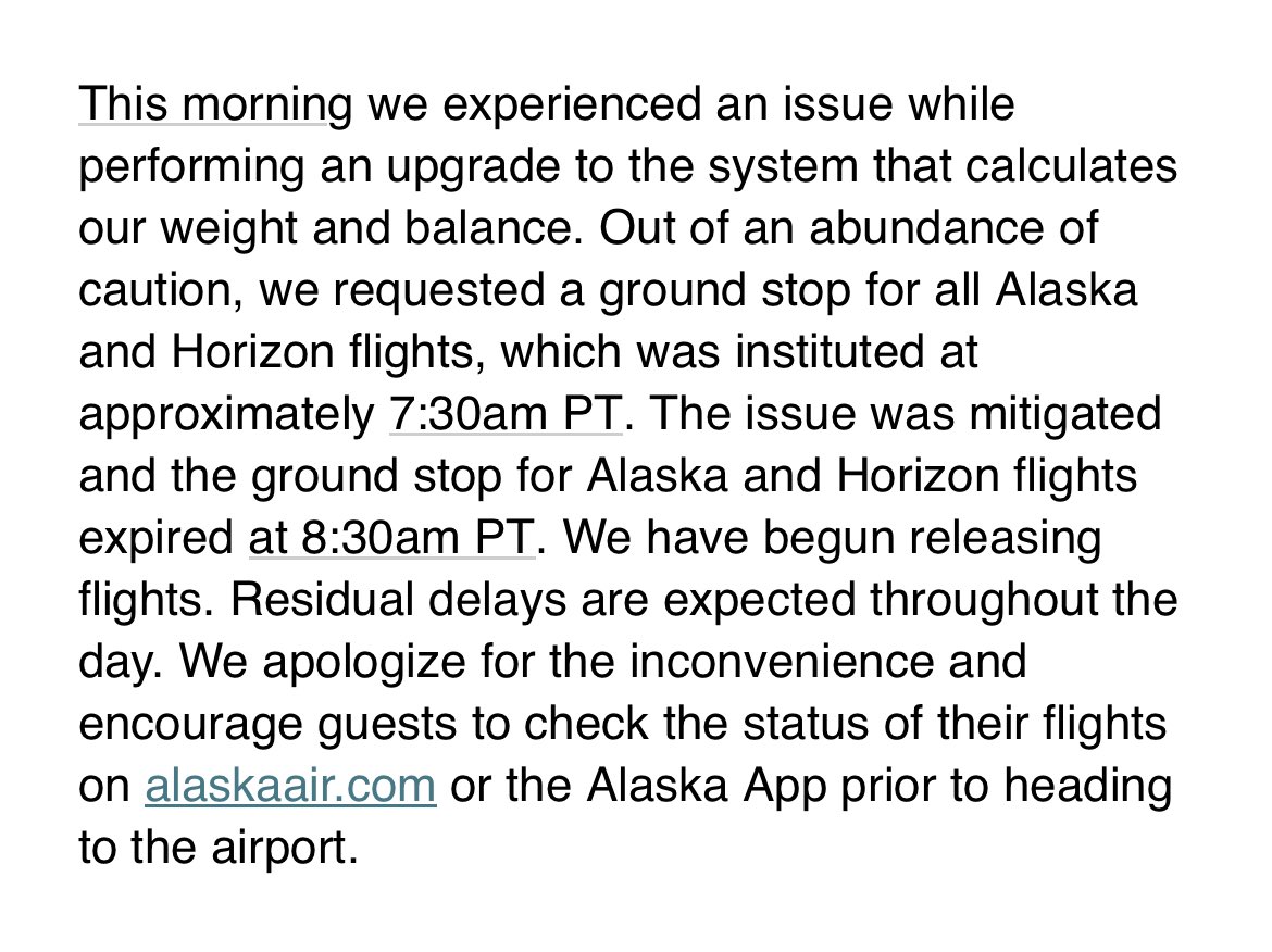 New info from @AlaskaAir — expect delays throughout the day