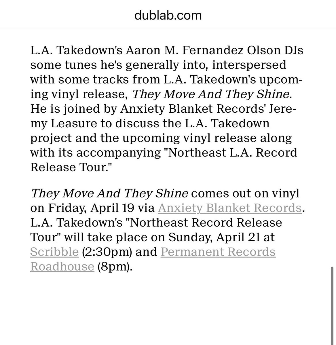 In anticipation of the vinyl release of L.A. Takedown‘s “They Move And They Shine” we have a guest session on @dublab today (3pm to 4pm)! ABR’s @jerleasure will be interviewing LATd mastermind Aaron M.F. olson about the new release! Link in thread