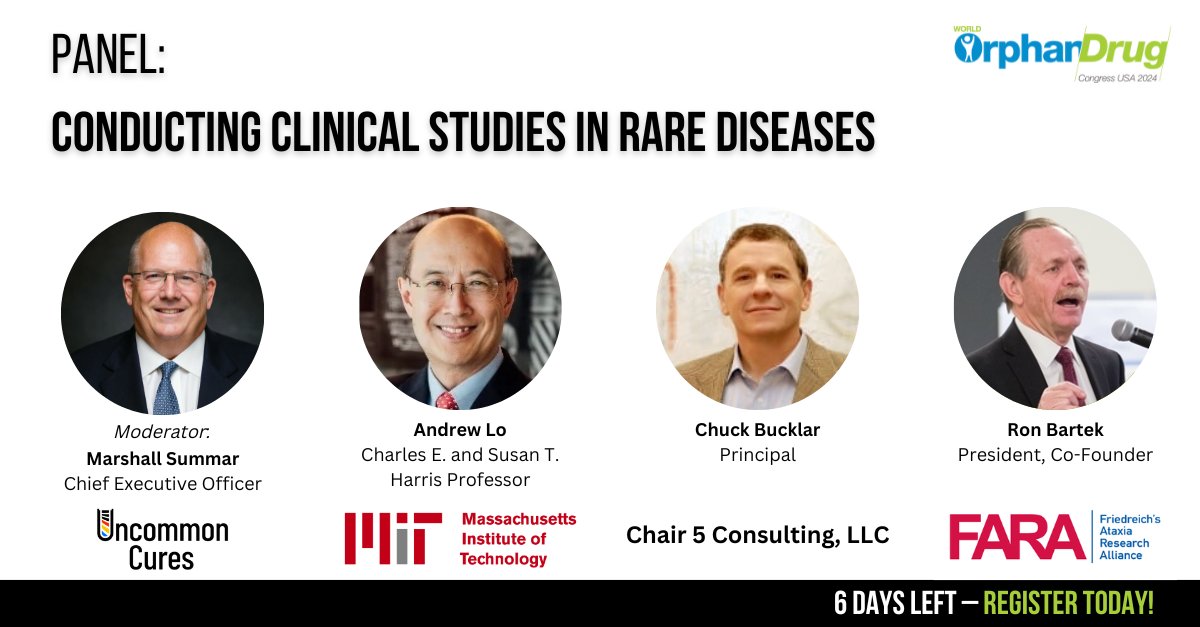 6 days until #WorldOrphanUSA! 🎉
Make sure to register to reserve your spot at the day 1 panel, 'Conducting studies for drugs for rare diseases' with...
@UncommonCures 
@MIT 
Chair 5 Consulting, LLC
FARA

Book as a group and save 50% today: tinyurl.com/ytf27dud