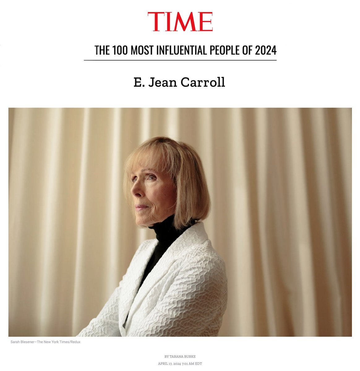 Photo of E. Jean Carroll by Sarah Blesener/The New York Times/Redux in Time magazine’s 100 Most Influential People of 2024. #sarahblesener @nytimesphoto @TIME