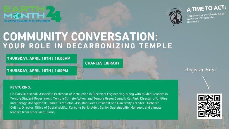 Join us tomorrow at 10 am for a community conversation centered around how you can help decarbonize Temple! 🍒🌎️ There will be another session at 1 pm further discussing our role in the larger context of decarbonization. #TempleMade. #TempleProud