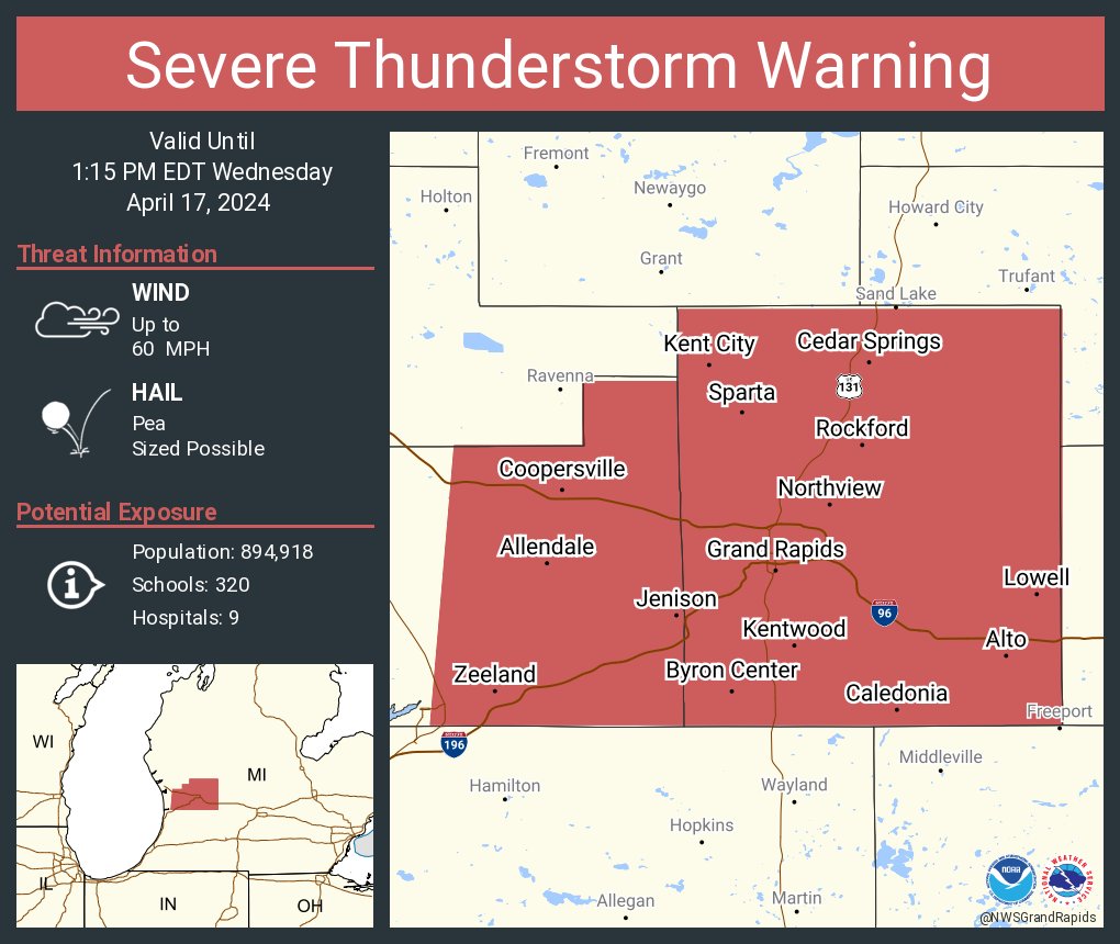 Severe Thunderstorm Warning including Grand Rapids MI, Wyoming MI and Kentwood MI until 1:15 PM EDT