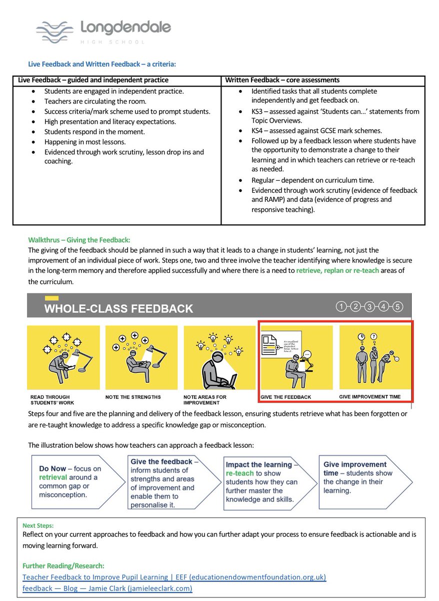 MissCole279's tweet photo. Our latest T&amp;L bulletin has a focus on principles and methods of feedback following INSET on Monday. It features the @EducEndowFoundn’s report on Teacher Feedback to Improve Pupil Learning, a @WALKTHRUs_5 strategy and further reading from @XpatEducator. 🤓 https://t.co/KEs5R5njp7