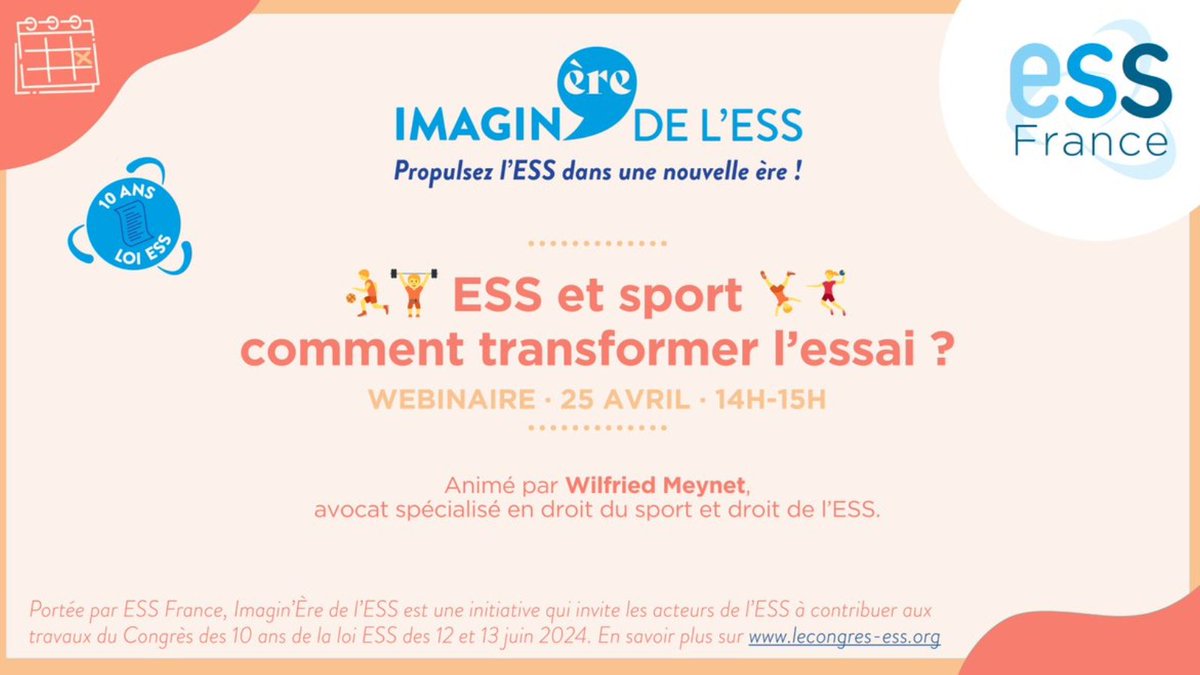 Événement  📅: Dans le cadre de #ImaginEreESS, @ESS_France organise un webinaire sur le sport le 25 avril. Thématique : Comment transformer l’essai en renforçant la structuration d’une filière sportive et solidaire ? 
Pour vous inscrire c'est par ici 👉 lecongres-ess.org/imaginere/webi…