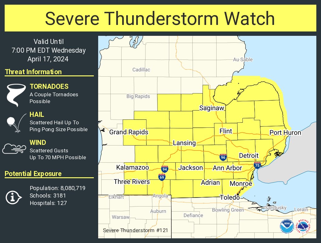 A severe thunderstorm watch has been issued for parts of Michigan until 7 PM EDT