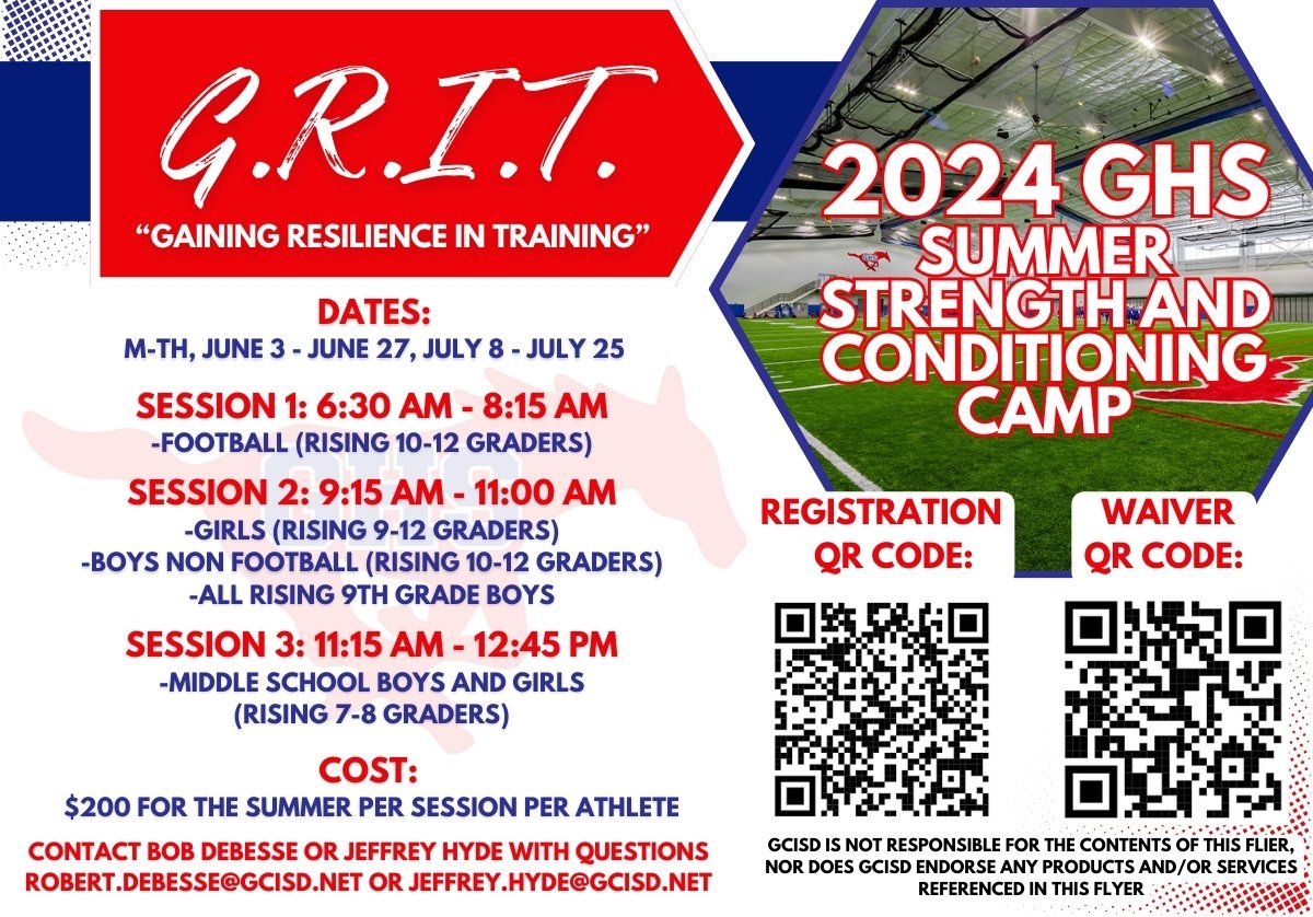 🚨REMINDER🚨
G.R.I.T. registration is open! Let's get better together this summer! #rahrahrahmustangsfight