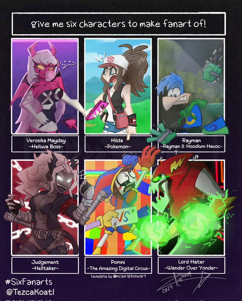 TezcaKoatl's tweet photo. Here it is, this year's #SixFanarts ✨!
#DigitalArt #VerosikaMayday #HelluvaBossVerosika #HelluvaBoss #PokemonBlackAndWhite #PokemonHilda #Hilda #Pokemon #Rayman #Helltaker #HelltakerJudgement #Judgement #Pomni #TheAmazingDigitalCircus #WonderOverYonder #Fanart #LordHater https://t.co/ufzSHGiWuR