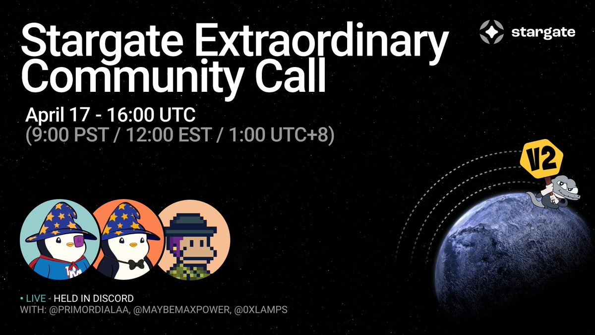 If you're interested in hearing about Stargate V2, listen in to @PrimordialAA, @MaybeMaxPower and @0xLamps on the Stargate Community Call in 10 minutes! Happening in the Stargate Discord: discord.com/events/9030224…