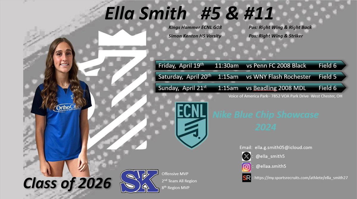 Come watch my @kingshammer 2008 ECNL team play at the Nike Blue Chip Showcase.  <a href="/ImYouthSoccer/">ECNL/GA/Recruiting/College Soccer</a> <a href="/TheSoccerWire/">SoccerWire</a> <a href="/TopDrawerSoccer/">TopDrawerSoccer</a> <a href="/PrepSoccer/">Prep Soccer ⚽️</a> <a href="/scoutingzone/">ScoutingZone®</a> <a href="/SKLadyPioneers/">Simon Kenton Girls Soccer</a>