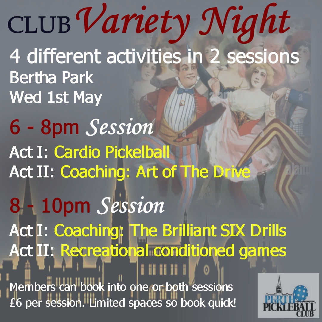 Members can join us on the evening of Wed 1st May for our Club Variety Night. With 2 different sessions of Coach-led activities, there's something for everyone! Bookings are open NOW. Members-only booking via the website or App. #pickleball #pickleballscotland #liveactiveperth