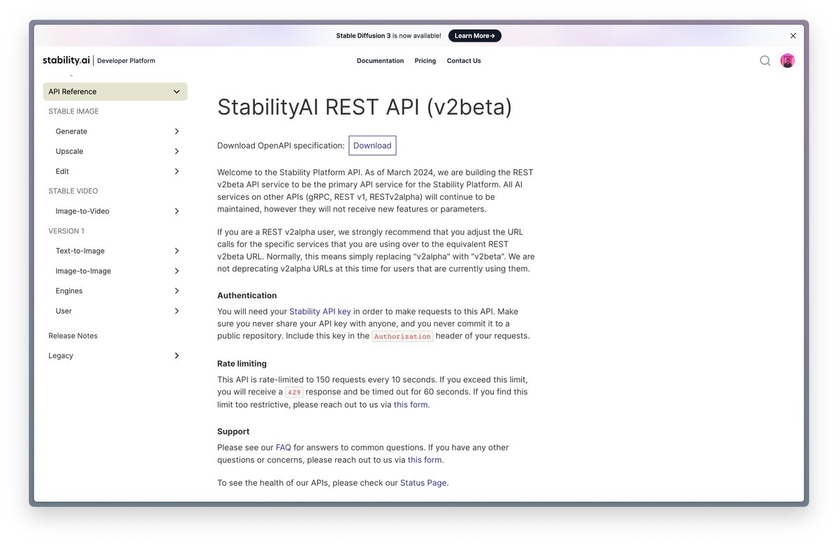 I love how the new Stability API page has a button to download the entire specification. Easiest way to feed it to an LLM for quick implementation and testing. Every documentation page should have this.