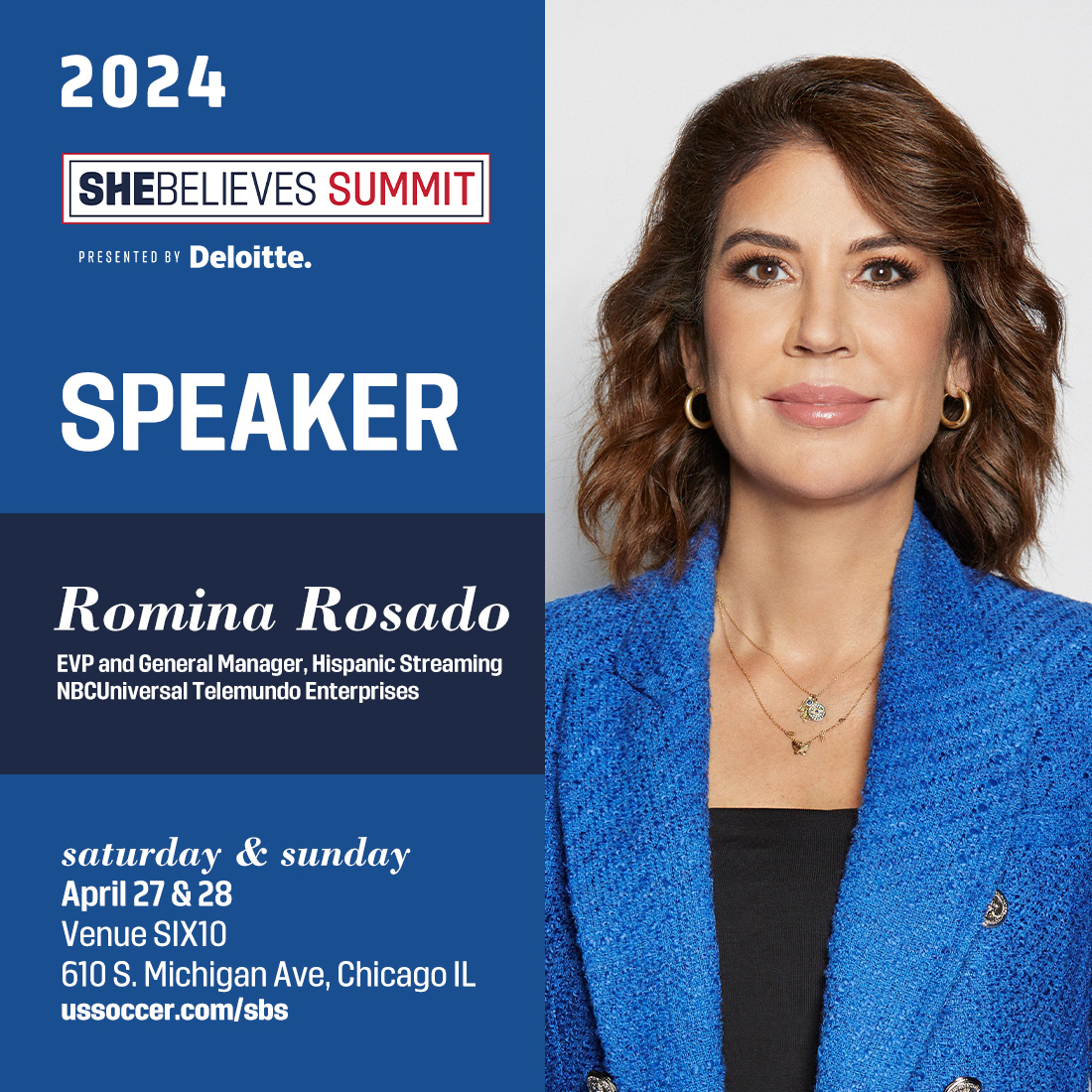 NBC Universal Telemundo's EVP and General Manager of Hispanic Streaming Romina Rosado has been added to the 2024 SheBelieves Summit, presented by @DeloitteUS!