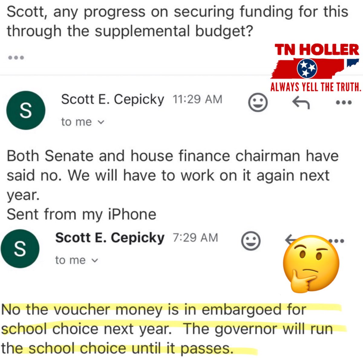 INBOX: Voucher bill sponsor @CepickyTn64 — recently heard saying he wants to “trash the whole freaking” public ed system— tells a voter @GovBillLee plans to run vouchers over and over until it passes. (While saying there’s now no money for child care for teachers 🤷🏻 🤷🏻‍♀️🤷🏽‍♀️)