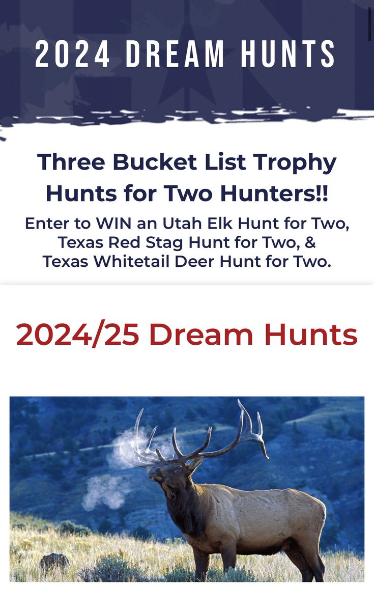 Three Bucket List Trophy Hunts for Two Hunters!! Enter to WIN a Utah Elk Hunt for Two, Texas Red Stag Hunt for Two, & Texas Whitetail Deer Hunt for Two. hunternation.org/2024-dream-hun…