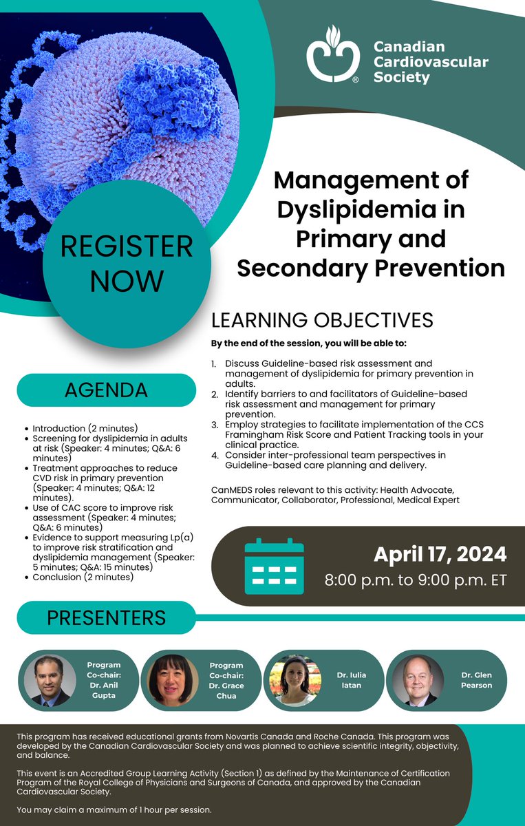 Delighted to join Glen Pearson to provide an overview of the 🇨🇦 <a href="/SCC_CCS/">CCS</a> #Dyslipidemia guidelines today April 17 at 8 pm EST (5 pm PST) 

Register 👉 ow.ly/jvcq50Rhlim

Learn about  #lipid screening, including Lp(a) to improve risk stratification 🫀🧬
 
Thank you