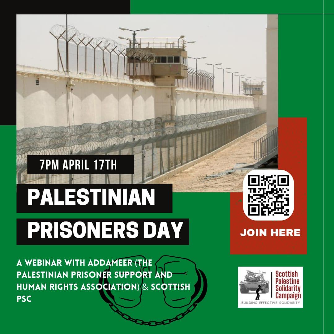 TONIGHT (Wed) 7pm to hear from ADDAMEERI Palestinian political prisoners support organisation since 1991, and an activist in Scotland with direct experience of the brutal Israeli prison system. Register at qrco.de/bexaCh