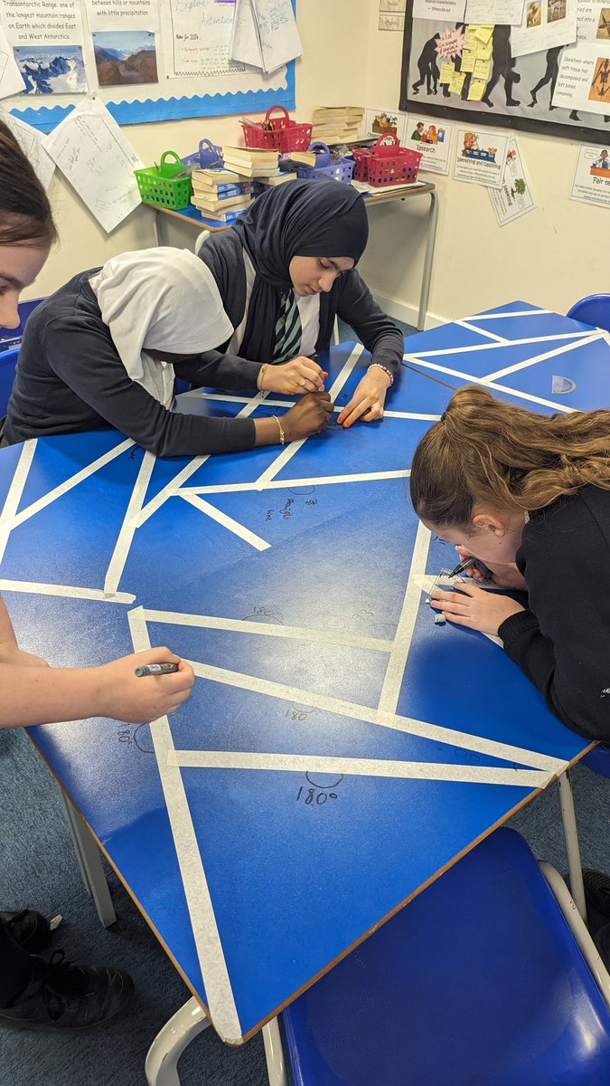 SHPSYear6's tweet photo. Year 6 were investigating angles today as part of their revision. WE DREW ON THE TABLES...don't tell Mr Curtis @HeathSomers #TeamSomers https://t.co/ezHFm1q9ZZ