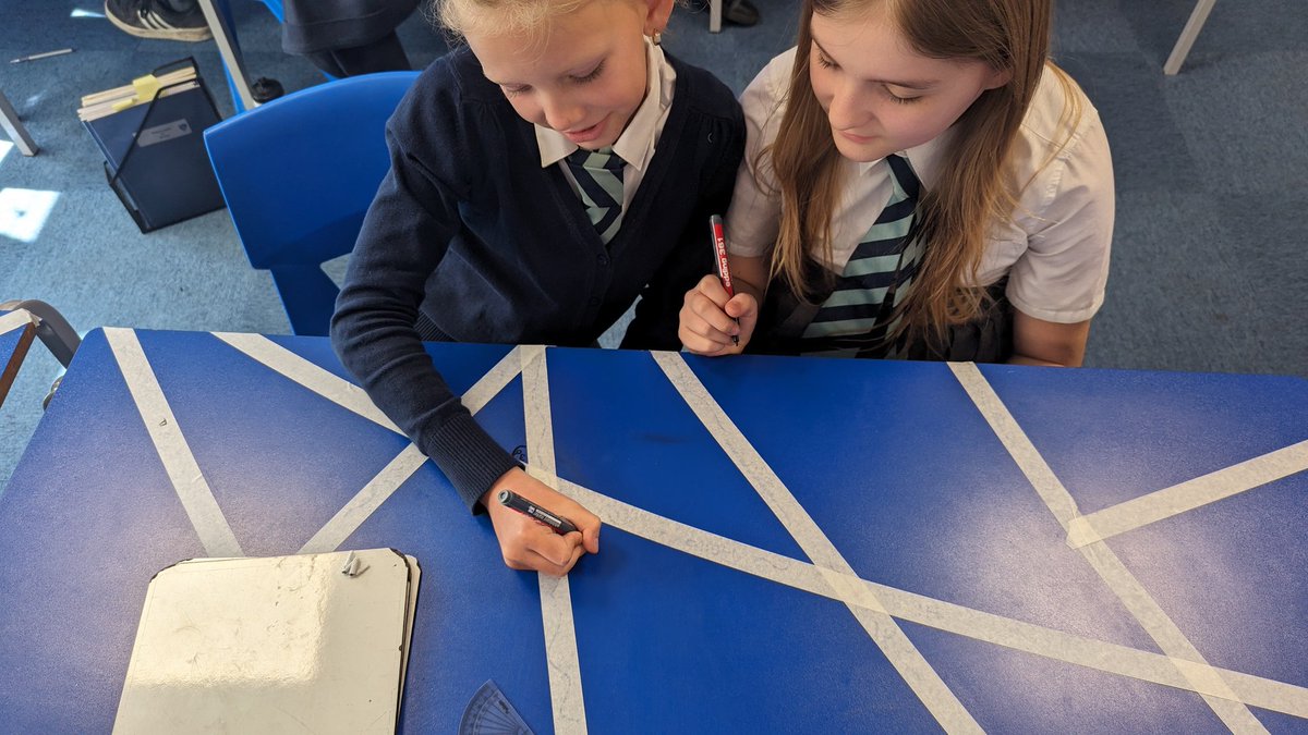 SHPSYear6's tweet photo. Year 6 were investigating angles today as part of their revision. WE DREW ON THE TABLES...don't tell Mr Curtis @HeathSomers #TeamSomers https://t.co/ezHFm1q9ZZ