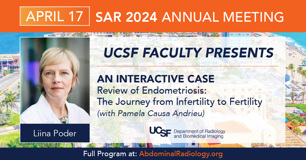UCSF Imaging (@ucsfimaging) on Twitter photo Today at #SAR24, <a href="/UCSFimaging/">UCSF Imaging</a>'s Dr. Liina Poder will present "An Interactive Case-Review of Endometriosis: The Journey from Infertility to Fertility" at 12:50 pm! <a href="/SocietyAbdRad/">Society of Abdominal Radiology | SAR</a> Today at #SAR24, <a href="/UCSFimaging/">UCSF Imaging</a>'s Dr. Liina Poder will present "An Interactive Case-Review of Endometriosis: The Journey from Infertility to Fertility" at 12:50 pm! <a href="/SocietyAbdRad/">Society of Abdominal Radiology | SAR</a>