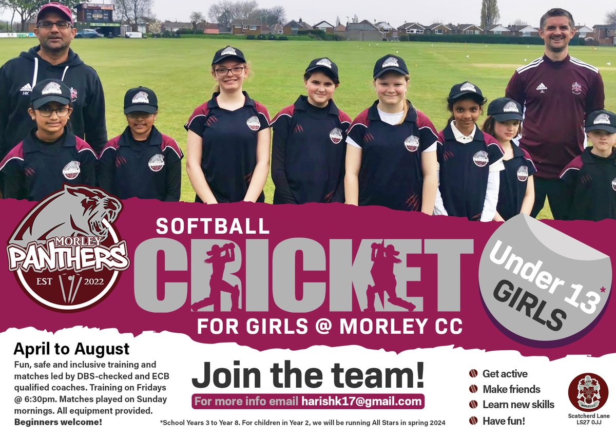 The Morley Panthers Under 13s girls' cricket team is on the lookout for new players for the 2024 season. We play softball cricket in the @wywomengirls league. Training is on a Friday evening with matches on a Sunday morning.