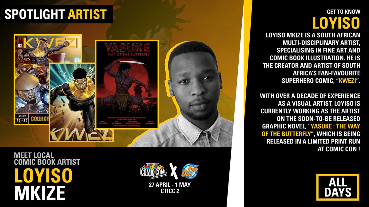 Hey Con-fans! Meet the final Artist Alley spotlight guests, including the talented Loyiso Mkize and Clyde Beech 🔥

Loyiso and Clyde will be showcasing their latest works at <a href="/ComicConCPT/">Comic Con Cape Town</a> Come meet the co-creators of @‌kwezi_flyboy live on the Artist Alley floor🦸‍♂️