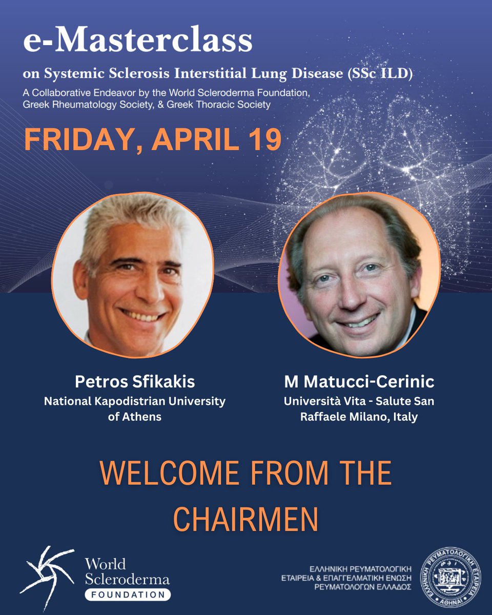 Kicking off the e-Masterclass on Systemic Sclerosis Interstitial Lung Disease (SSc ILD) NOW with Chairs 🎙️@MatucciMarco and @PetrosSfikakis. #ILD #SystemicSclerosis #WorldSclerodermaFoundation #Rheumatology #GreekRheumatology