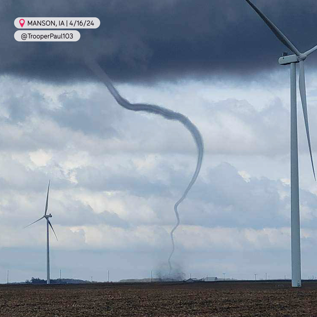 Mother nature meets our clean energy future! This happened during severe storms in Iowa on Tuesday. Wind turbines are built to withstand very high wind speeds, but if winds go above a turbine's cut-out speed (usually around 55 mph), it will automatically shut off. 1/2