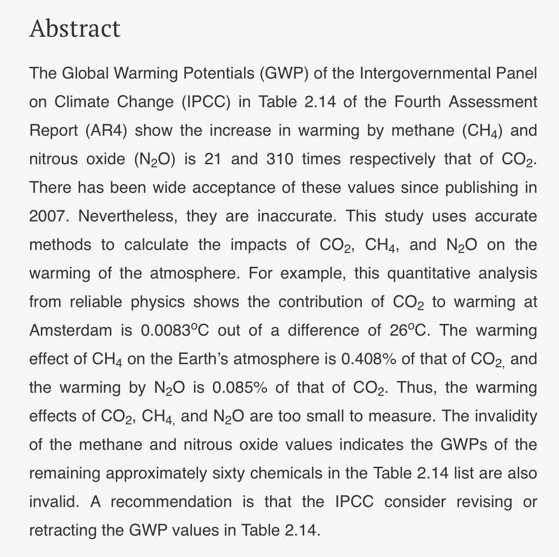 New paper on the actual physics of the “GHGs”, CO2, CH4, and NO2 determine that any plausible increase in these gasses will “In all cases be too small to measure'. setpublisher.com/index.php/jbas…