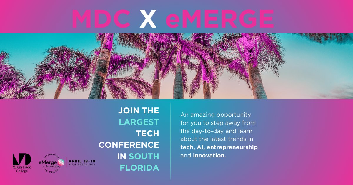 MDCollege's tweet image. Join MDC on 4/18+4/19 at @eMergeAmericas. Meet Mr. Worldwide, @pitbull, and leading entrepreneurs from across the globe. Be part of the action during #MiamiTechMonth. Our students, staff and alumni receive a complimentary Tech Pass with code PNMMDCTE. bit.ly/3EMlyIu