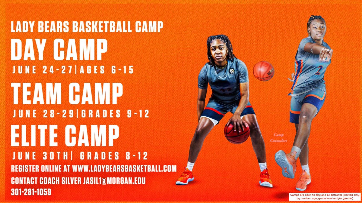 🚨 Registration is now open for our 2024 Lady Bears Basketball Camps! 🚨

Don’t miss out on the opportunity to visit the National Treasure, Morgan State University, and learn from the Lady Bears Basketball coaching staff and players 💙🐻🧡 

Link: ladybearsbasketball.com