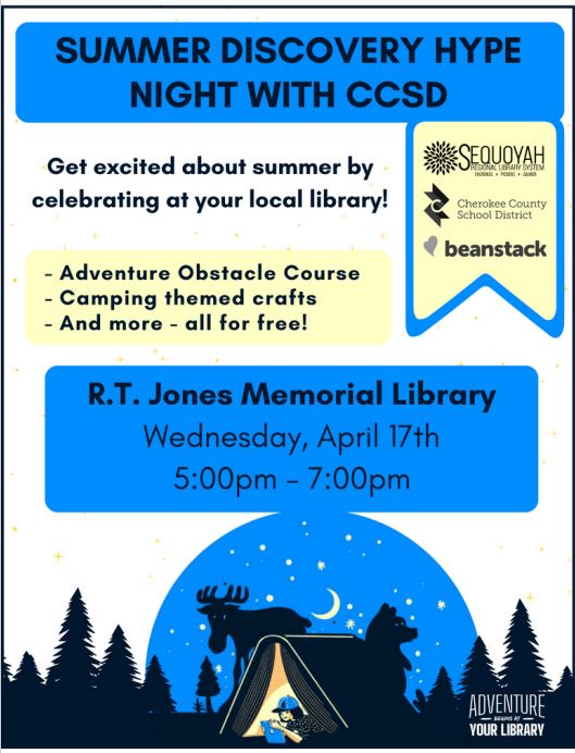 Join us tonight at R. T. Jones Memorial Library from 5-7 p.m. to kick-off Summer Reading! @CherokeeSchools @Ccsdmedia #CCSDfam #CESfam #ClaytonCougarNation