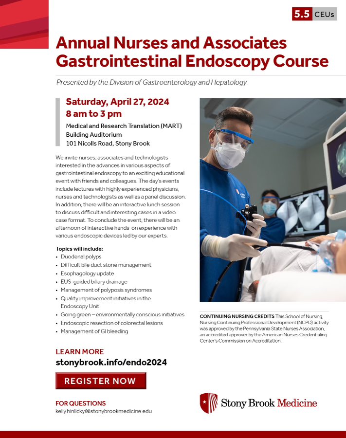 If you are a GI specialist in the NYC area, do not miss this opportunity to tell your #nurse colleagues & endo techs about this annual GI nurses course @StonyBrookMed!!Expert faculty from various NY area centers and nearly 6 CEUs for nursing education! #GITwitter #MedEd