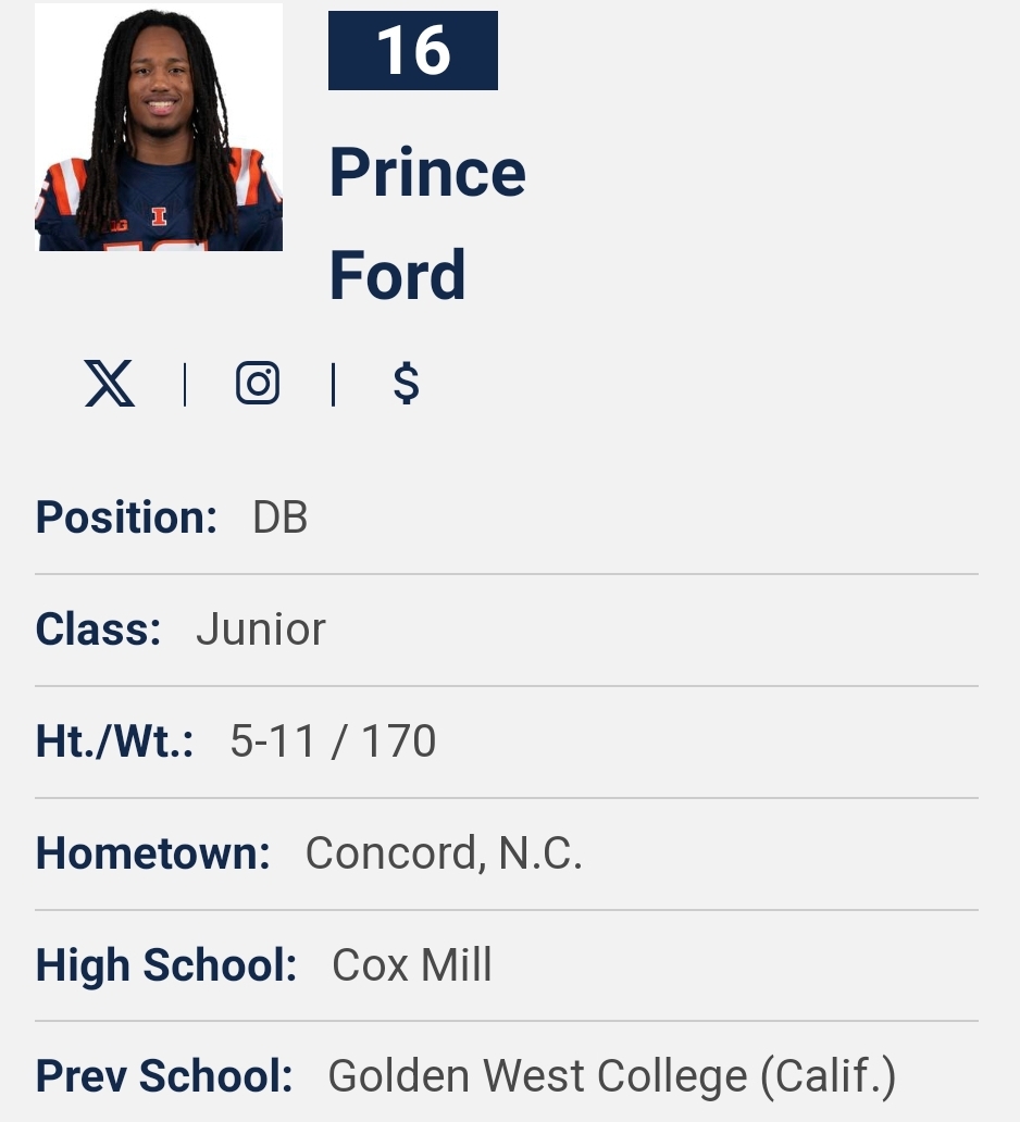 Illinois DB Prince Ford entered the transfer portal @PrinceFord_