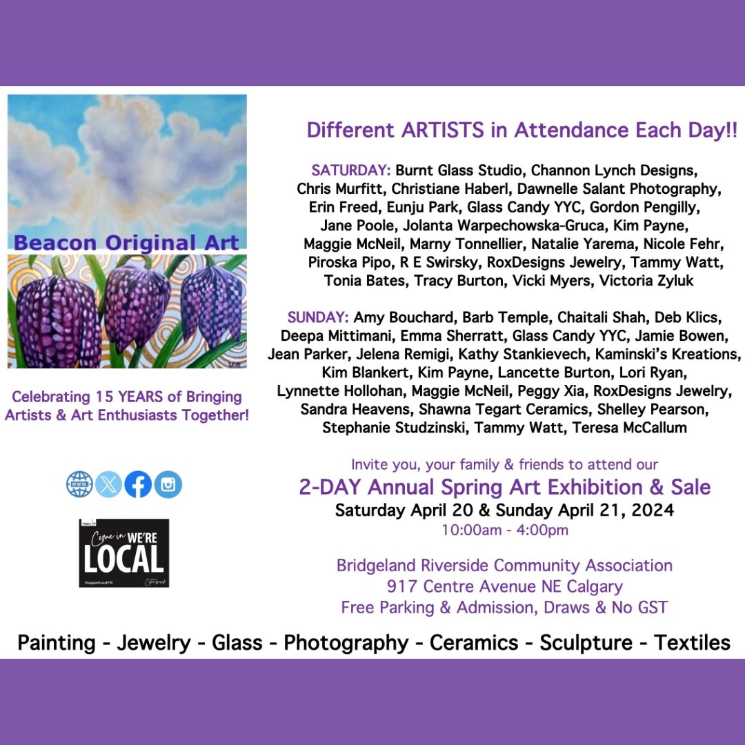 Looking to add to the charm & mood of your home or office? 🤝 Connect with Ray Swirsky, Dawnelle Salant, Stephanie Studzinski & many more local artists this weekend @BRCAssociation 10-4pm

Spring Art Show & Sale  #yycArts #yycArt #yycartists @yycwhatson @TourismCalgary