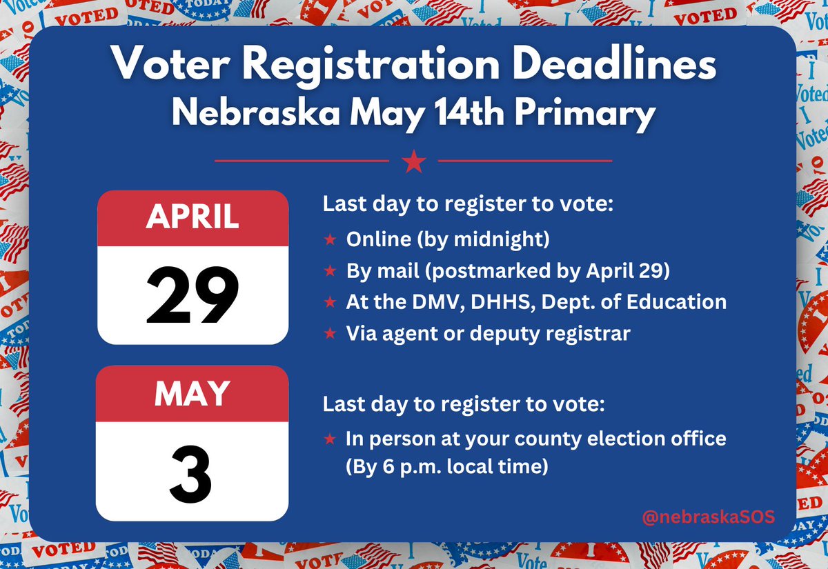 🇺🇸 Voter registration deadlines for the May 14th statewide primary are coming up. Make sure your voter registration information is up to date here: ne.gov/go/votercheck