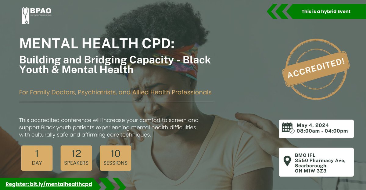 We are pleased to announce that our upcoming Mental Health CPD is now accredited!

The University of Toronto's Continuing Professional Development has awarded the Black Physicians Association of Ontario Mental Health CPD with the following credits:

Royal College Maintenance of