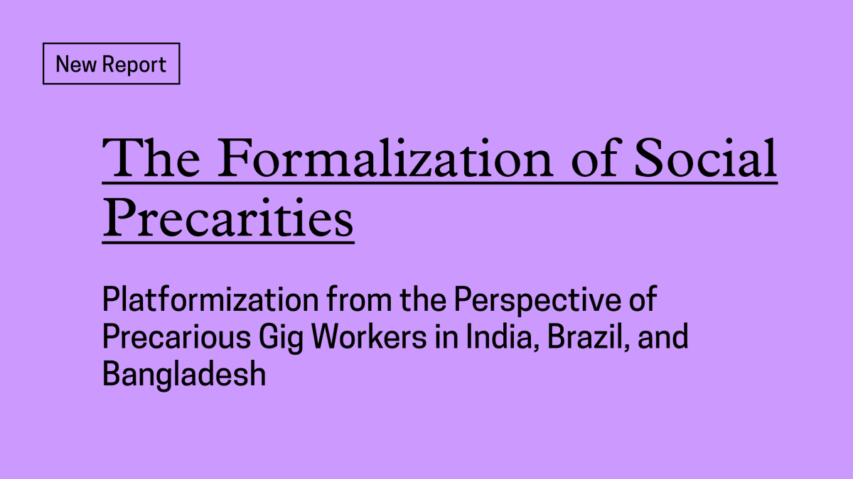 📣 New! Edited by @Muralisvelan & @aihanguyen, 'The Formalization of Social Precarities' explores platformization from the point of view of precarious workers in Bangladesh, Brazil, and India. 1/4 datasociety.net/library/the-fo…
