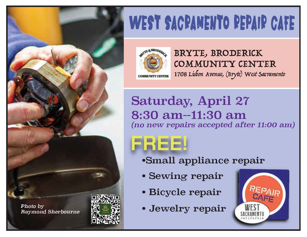 Check out this month's Repair Café featuring small appliance, 🪡sewing, 🚴bicycle, and 💍jewelry repair! 🗓Saturday, April 27 🕰8:30am-11:30am 📍Bryte, Broderick Community Center