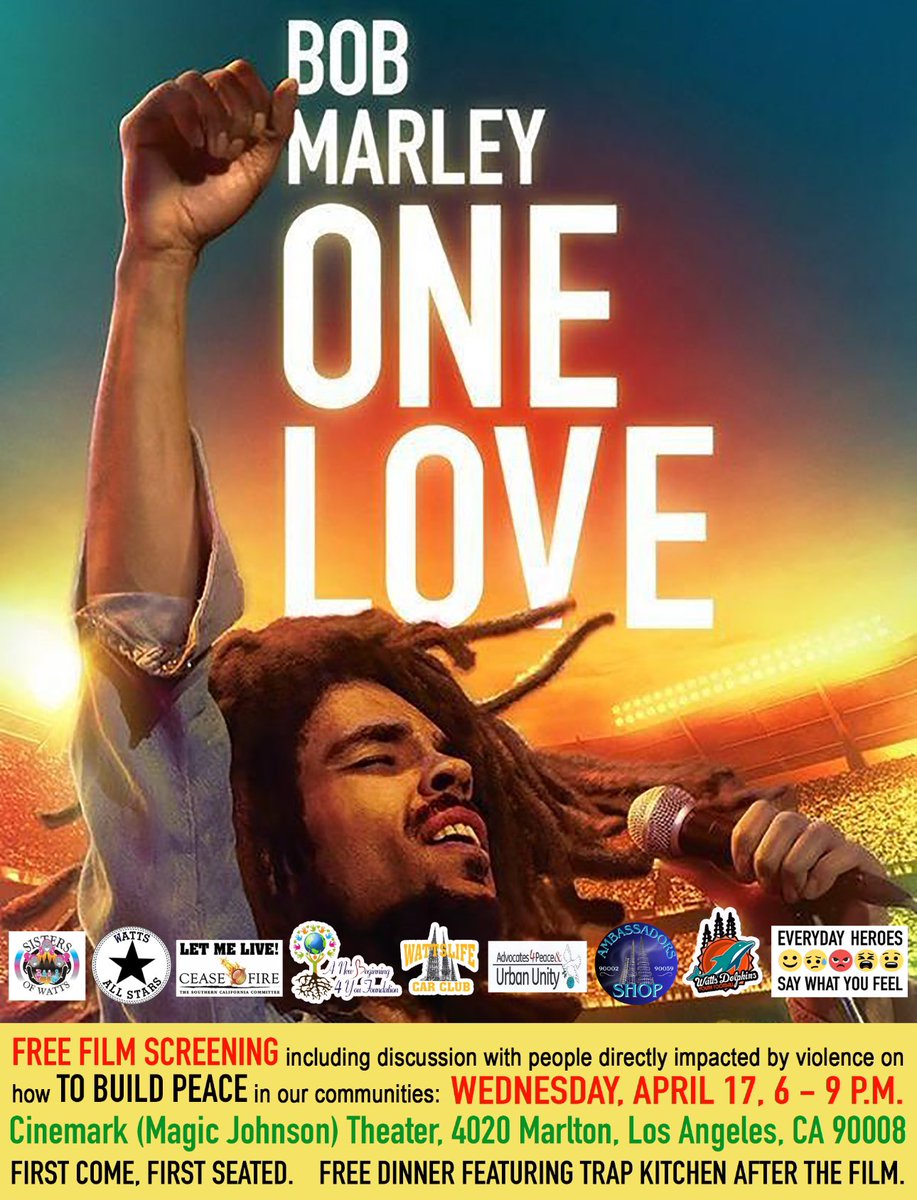 Tonight, Wednesday, April 17, come out with your community, family and friends to a free screening of Bob Marley, One Love. Hear from families impacted by gun violence what’s needed to build peace in L.A. Take home a free dinner from Trap Kitchen. @FUEL_EndLWOP @endfelonymurder