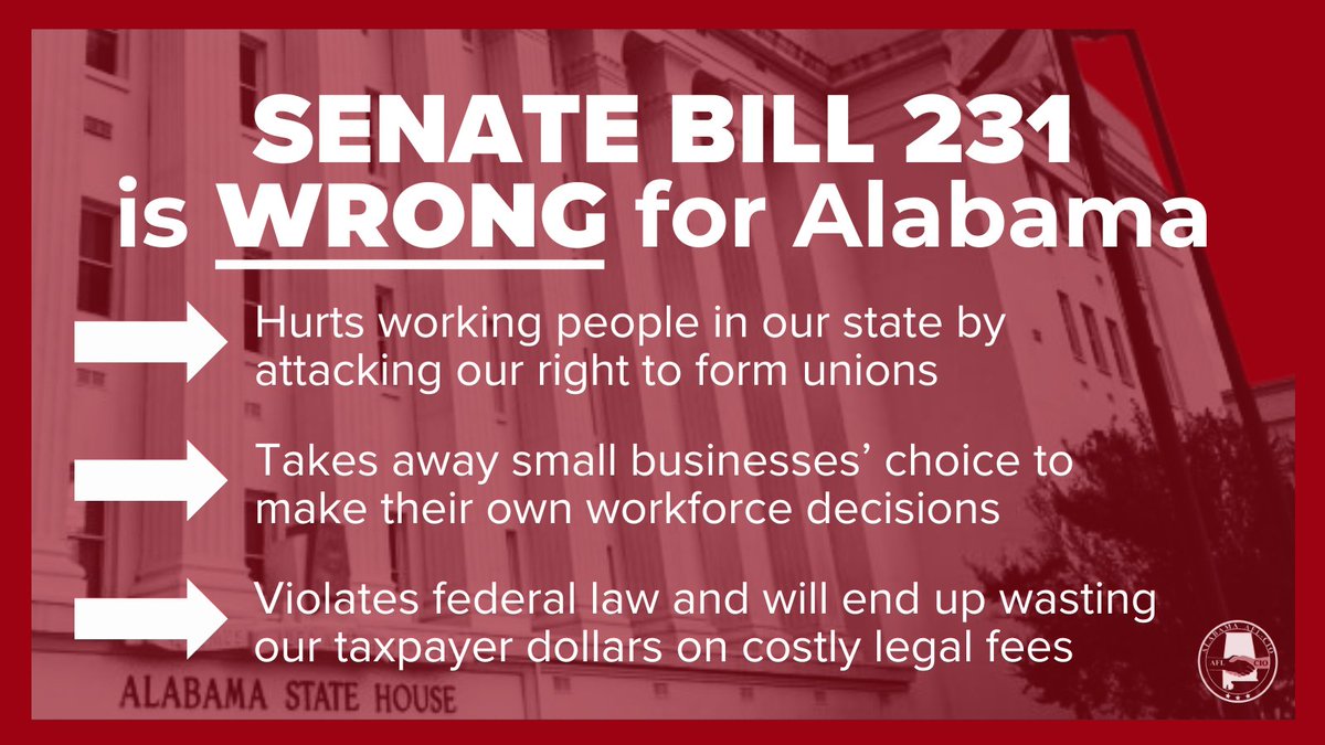 Governor Ivey says she’s pro-business, but the truth is she’s backing SB 231 which takes away the rights of business owners to make their own workforce decisions. Tell Lawmakers: NO on SB 231! actionnetwork.org/letters/senate… @AlabamaAFLCIO