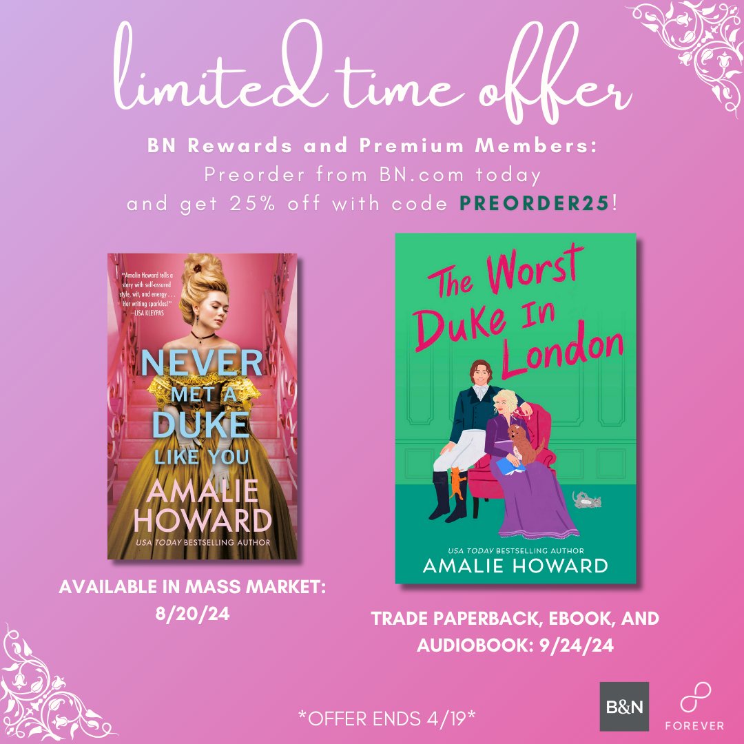 It's that time again! @BNBuzz's 25% off preorder sale! Get the mass market of NEVER MET A DUKE LIKE YOU and my upcoming THE WORST DUKE IN LONDON, based on my perennial fav 10 Things I Hate About You, out 9/20/24! @readforeverpub barnesandnoble.com/w/the-worst-du… barnesandnoble.com/w/never-met-a-…