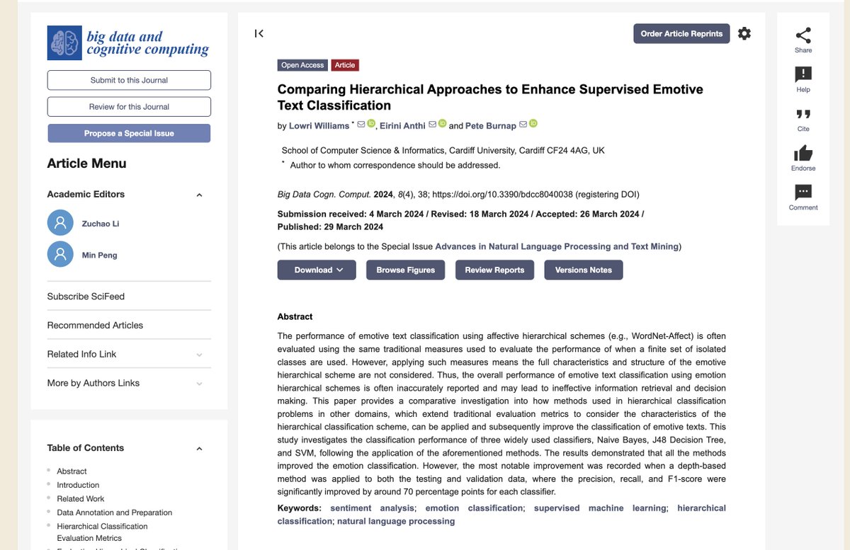 Our recent paper was published in <a href="/BDCC_MDPI/">BigDataCogn.Comput.</a>'s special issue, Advances in Natural Language Processing and Text Mining! 

It also made the front cover of the journal! 🤩📷 

Read it here: mdpi.com/2732778

<a href="/IreneAnthi/">Dr Irene Anthi</a> <a href="/pbFeed/">Prof. Pete Burnap</a> #NLP #NLProc