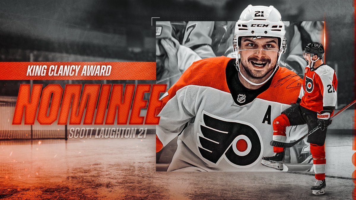 Congrats, @Laughts21! Scott Laughton has been named a nominee for the King Clancy Memorial Trophy, which is presented annually to the @NHL player who best exemplifies leadership qualities on and off the ice and has made a noteworthy humanitarian contribution in his community.