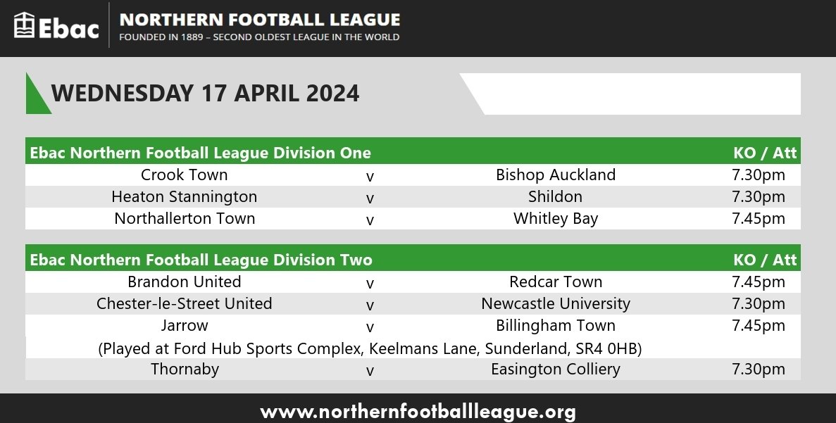 EbacNorthernLge's tweet photo. WEDNESDAY NIGHT FOOTBALL
Here are this evening's fixtures in the @EbacUK Northern Football League. #ENLMatchday #NorthernLeagueFamily https://t.co/L1jnLThE98