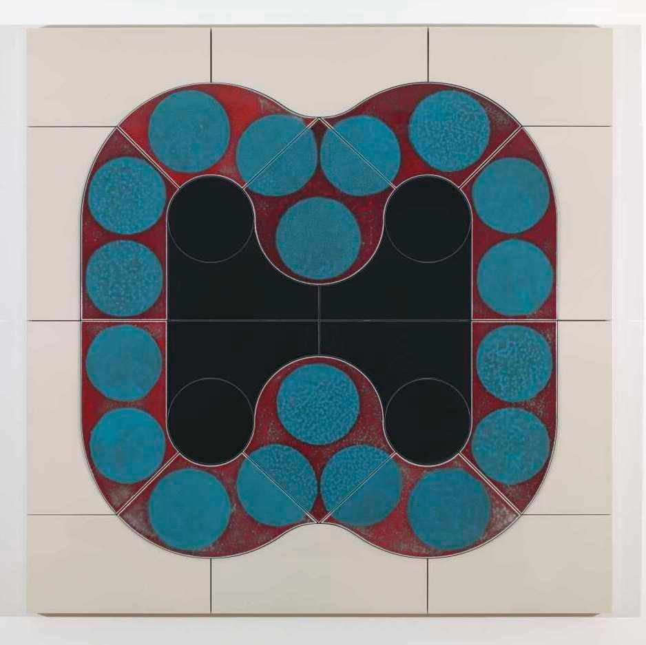 Artist Lubna Chowdhary has hand-glazed 28 industrial tiles, inspired by Islamic architecture, Hindu temples and modernist design. Chowdhary describes her artistic process as ‘code-switching’. Explore more art: govart.uk/explore-art © Lubna Chowdhary